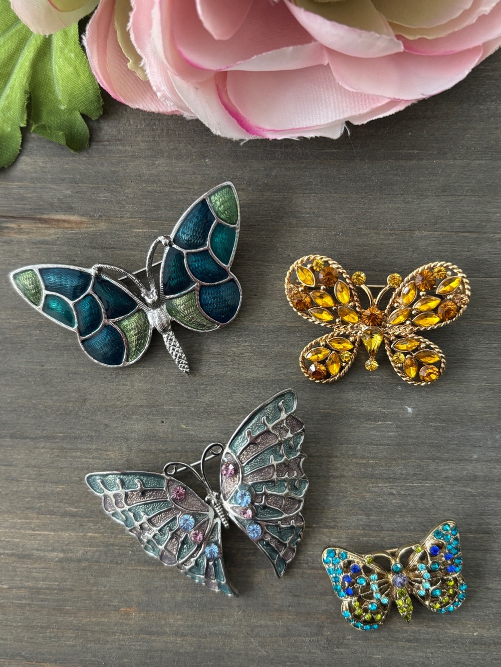 4 Vintage Butterfly Brooches | Colorful Enamel Rhinestone Butterfly Pin Lot